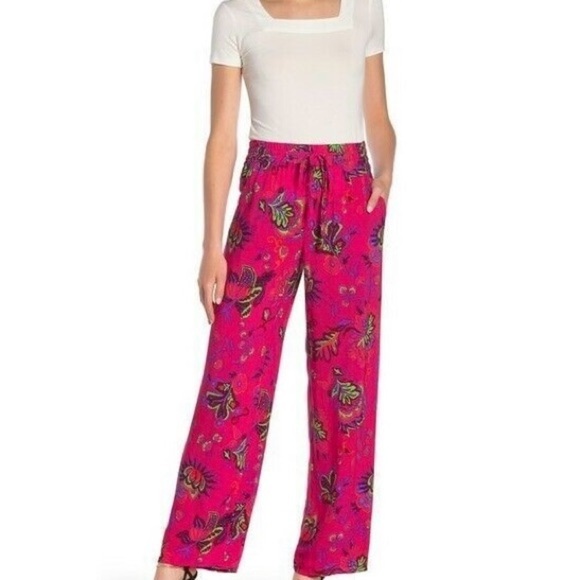 Catherine Malandrino Vibrant Pink Floral High Rise Wide Leg Drawstring Pants - Picture 7 of 7